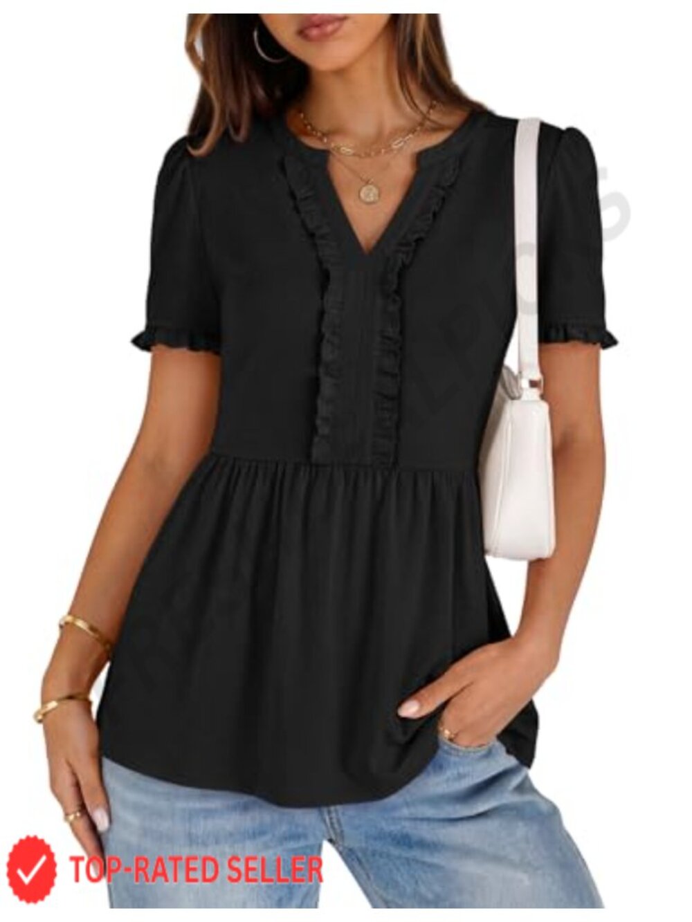 Women's Peplum Tunic Blouse Ruffle Short Sleeve V Neck Babydoll Top Casual